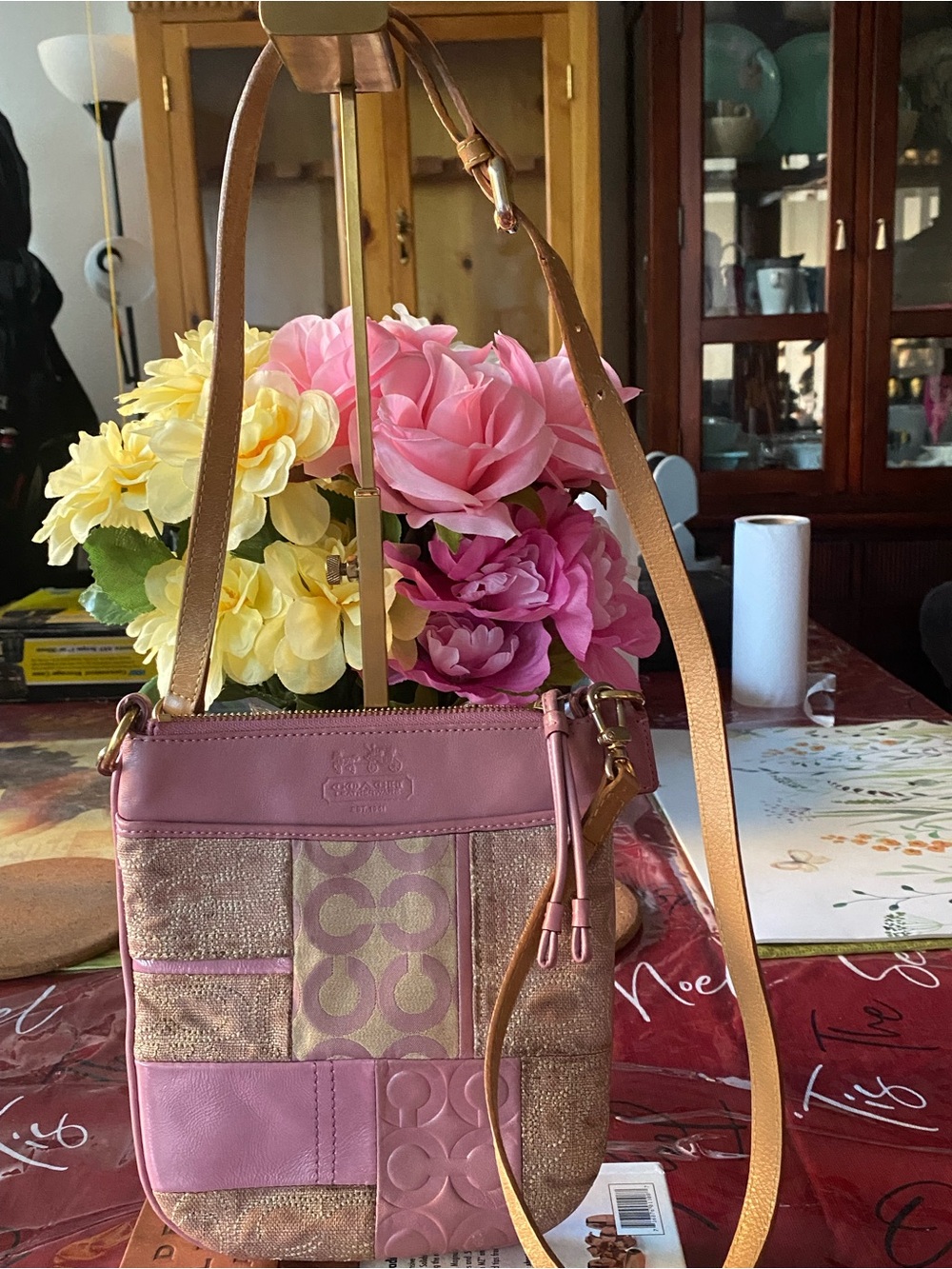 Coach Pink Patchwork Signature Crossbody with Tan Strap